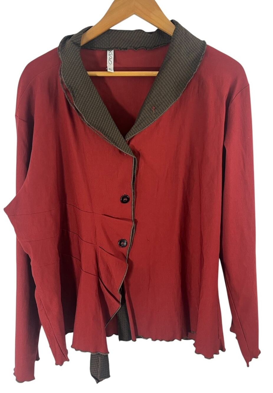 XIAO Top Womens Buttoned Asymmetrical XL Lagenlook Art To Wear Draped Red Brown